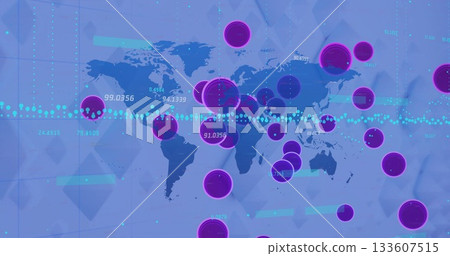 Displaying map on data dashboard with purple markers, numeric labels, dashed line, triangular grid Displaying map on data dashboard with purple markers, numeric labels, dashed line, triangular grid 133607515