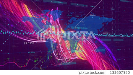 Displaying abstract data ribbons flowing across world map on grid interface, with numeric labels 133607530