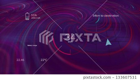 Swirling abstract UI showing central speedometer gauge, with battery icon and line graph Swirling abstract UI showing central speedometer gauge, with battery icon and line graph 133607531