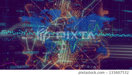 Displaying orange vector field swirling on dark code grid, overlaying green and blue line graphs 133607532