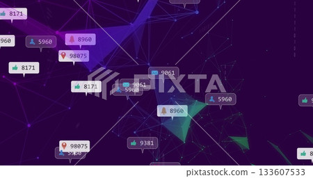 Displaying network cluster pulsing at tech dashboard, with floating notification bubbles and mesh 133607533