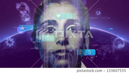 Floating grayscale female face projecting cyan heart thumbs-up comment icons over Earth horizon Floating grayscale female face projecting cyan heart thumbs-up comment icons over Earth horizon 133607535