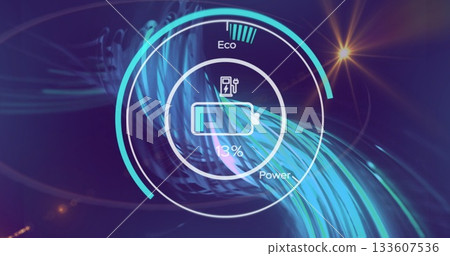 Displaying battery indicator on screen with plug icon and rings showing 13% charge Eco or Power labe Displaying battery indicator on screen with plug icon and rings showing 13% charge Eco or Power labe 133607536