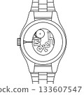 Image of the inside of an analog watch (battery replacement, line drawing, watch) 133607547