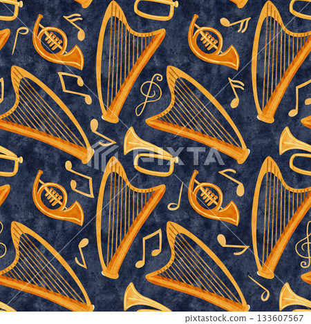 Brass, harp instruments, notes and treble clef watercolor seamless pattern on textured blue. Hand-painted musical clipart ideal for Christmas themes, nativity scenes, festive decor, textile, packaging 133607567