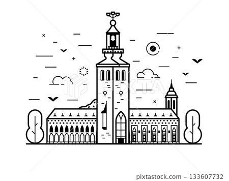 Stockholm City Hall Travel Landmark in Line Art Stockholm City Hall Travel Landmark in Line Art 133607732