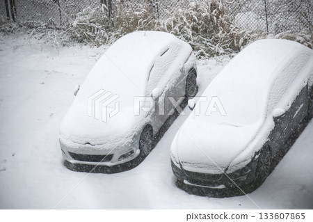 Snow Covered Cars Rest in a Quiet Winter Parking Lot After Fresh Snowfall Snow Covered Cars Rest in a Quiet Winter Parking Lot After Fresh Snowfall 133607865