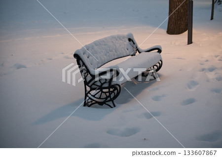Snow-Covered Park Bench in Quiet Winter Scene with Footprints and Soft Evening Light Snow-Covered Park Bench in Quiet Winter Scene with Footprints and Soft Evening Light 133607867