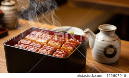 盛在漆器碗中的奢華鰻魚飯,熱氣騰騰。 盛在漆器碗中的奢華鰻魚飯,熱氣騰騰。 133607946