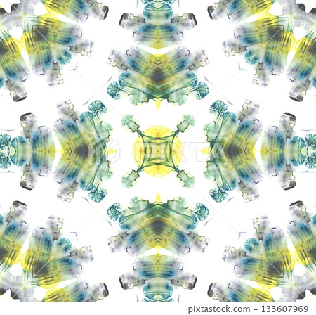 Abstract pattern with symmetrical watercolor shapes in blue, green and yellow tones. Soft blurred textures and mirrored elements create a decorative artistic background for modern design projects. 133607969