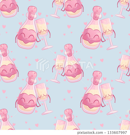 Seamless pattern with cute bottle and glass of champagne on a blue background. The concept of love, Valentine's Day. Vector illustration for the design of postcards, textiles, banners, posters 133607997