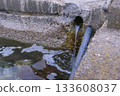 Sewage wastewater, dirty and foamy with chemicals, discharge of industrial into a city canal. 133608037
