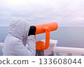 Woman in white jacket and hood looks in binoculars at sea waterfront with sea view. Side view. 133608044
