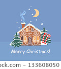 Gingerbread house with candy canes and icing in snowy winter scene, cute festive Christmas illustration with trees and moon, sweet holiday cookie home vector greeting card design 133608050