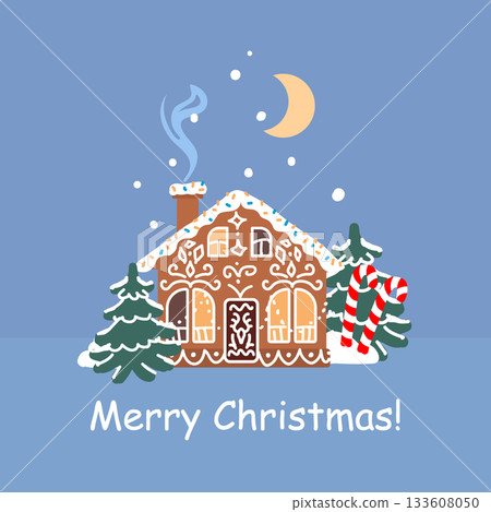 Gingerbread house with candy canes and icing in snowy winter scene, cute festive Christmas illustration with trees and moon, sweet holiday cookie home vector greeting card design 133608050