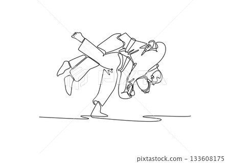 Continuous one line drawing two men are performing dynamic throw with one executing a hip-and-shoulder technique. Power, balance, and fluid motion. Single line draw design vector graphic illustration 133608175