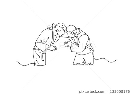 Single continuous line drawing two men are locked in close-quarters grapple for the collar and sleeve, illustrating focused intensity of Judo combat. One line draw graphic design vector illustration 133608176