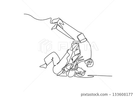 Single continuous line drawing two men are performing throw or sacrifice technique, with one figure inverted in mid-air during execution of Judo sport. One line draw graphic design vector illustration Single continuous line drawing two men are performing throw or sacrifice technique, with one figure inverted in mid-air during execution of Judo sport. One line draw graphic design vector illustration 133608177