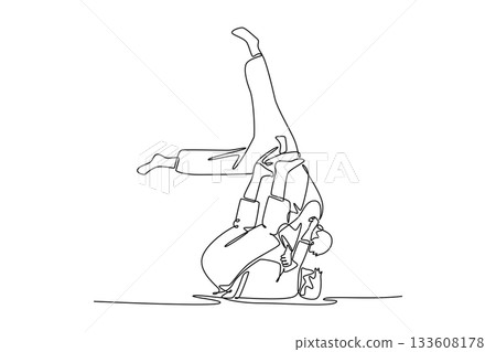 Single continuous line drawing two men performing dynamic throw, with one figure inverted in mid-air during execution of Judo or martial art technique. One line draw graphic design vector illustration 133608178