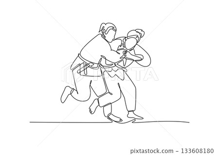 Single continuous line drawing two beautiful women are locked in close-quarters grapple with one executing hip throw setup. Technique strength of Judo. One line draw graphic design vector illustration 133608180