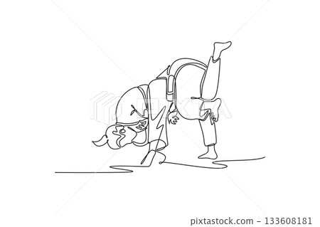 Single continuous line drawing two women performing dynamic throw or hip lift, with one figure inverted in mid-air during execution of Judo technique. One line draw graphic design vector illustration 133608181