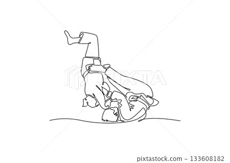 Single continuous line drawing two women are locked in close-quarters grapple on the ground, with one performing inverted roll over the other. Dynamic one line draw graphic design vector illustration 133608182