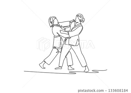 Single one line drawing two women are locked in a close-quarters grapple for collar and sleeve. Strategic and focused intensity of Judo combat. Continuous line draw design graphic vector illustration 133608184