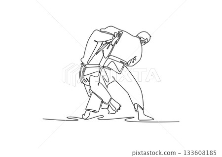 Single one line drawing Two men are locked in close-quarters grapple with one executing hip-and-leg throw setup. Technique and strength of Judo. Continuous line draw design graphic vector illustration 133608185