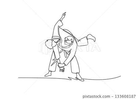 Single one line drawing two men are performing sacrifice throw in Judo, with one figure unbalancing other. Fluid motion and powerful technique. Continuous line draw design graphic vector illustration 133608187