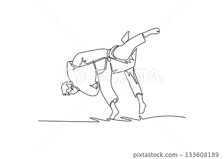 Single one line drawing two men are performing dynamic hip throw or reaping technique, with one figure lifting the other off the ground. Modern continuous line draw design graphic vector illustration 133608189