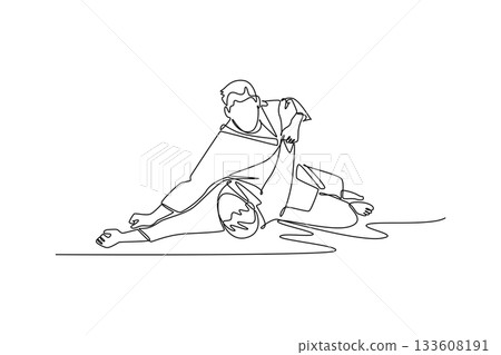 Single one line drawing two men are locked in grappling struggle on ground, one applying pin or control hold over other. Strength and technique. Continuous line draw design graphic vector illustration 133608191
