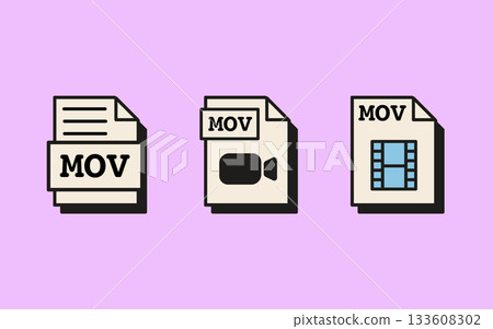 Mov video file icons with camera and film strip symbols in retro vaporwave style. Nostalgic video format icons for media editing, digital content creation, app interface design. Vector illustration. Mov video file icons with camera and film strip symbols in retro vaporwave style. Nostalgic video format icons for media editing, digital content creation, app interface design. Vector illustration. 133608302