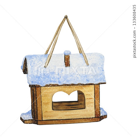 Hand drawn snow covered wooden birdhouse. Watercolor illustration. Hand drawn snow covered wooden birdhouse. Watercolor illustration. 133608435