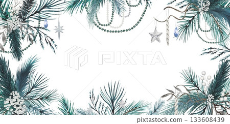 Hand drawn border of spruce branches, decoratoins, beads, stars. Watercolor illustration. Perfect for winter invitations. Hand drawn border of spruce branches, decoratoins, beads, stars. Watercolor illustration. Perfect for winter invitations. 133608439
