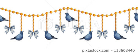 Seamless border with blue birds and blue bows, Christmas decor. Watercolor illustration. Seamless border with blue birds and blue bows, Christmas decor. Watercolor illustration. 133608440