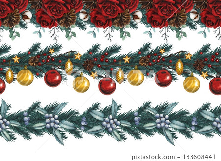 Hand drawn Christmas seamless borders. Watercolor illustration. Hand drawn Christmas seamless borders. Watercolor illustration. 133608441