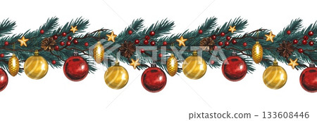 Hand drawn seamless border with fir branches, red berries, and red and yellow Christmas tree balls. Watercolor illustration. Hand drawn seamless border with fir branches, red berries, and red and yellow Christmas tree balls. Watercolor illustration. 133608446