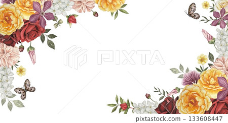 Border with autumn flowers. Red, white, yellow roses, lily, dahlia, leaves. Hand drawn watercolor illustration. 133608447