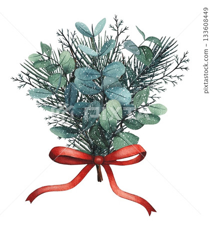 Hand drawn Christmas bouquet with red bow, eucalyptus, fir branches. Watercolor illustration. Hand drawn Christmas bouquet with red bow, eucalyptus, fir branches. Watercolor illustration. 133608449