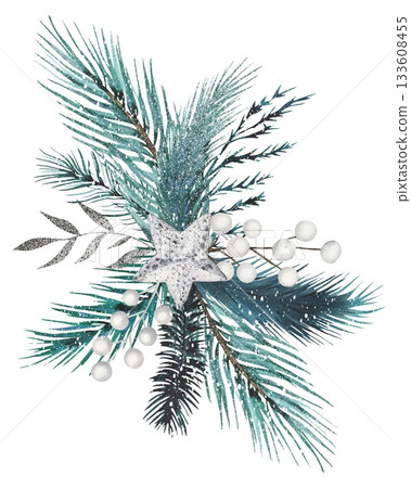 Hand drawn winter bouquet with fir branches decorated with silver star, white berries. Watercolor illustration. Hand drawn winter bouquet with fir branches decorated with silver star, white berries. Watercolor illustration. 133608455