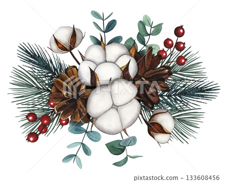 Hand drawn Christmas bouquet with cotton, fir cone, eacalyptus, spruce branches, red berries. Watercolor illustration. 133608456