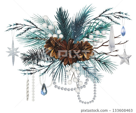 Hand drawn winter bouquet with fir branches decorated with white beads, cones, crystals, and stars, white berries. Watercolor illustration. Hand drawn winter bouquet with fir branches decorated with white beads, cones, crystals, and stars, white berries. Watercolor illustration. 133608463
