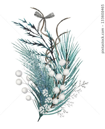 Hand drawn winter bouquet with fir branches, white berries. Watercolor illustration. Hand drawn winter bouquet with fir branches, white berries. Watercolor illustration. 133608465