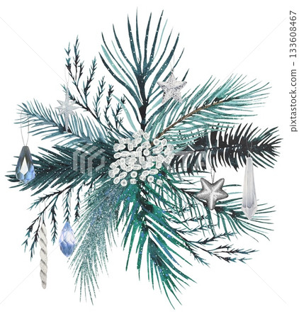Hand drawn winter bouquet with fir branches decorated with  crystals, and stars. Watercolor illustration. 133608467