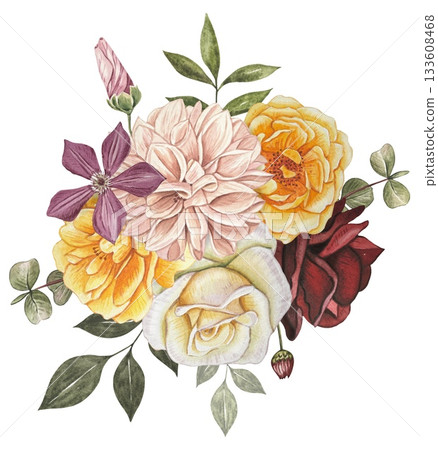 Bouquet with  burgundy and yellow rose, clementis. Hand drawn watercolor illustration. 133608468