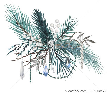 Hand drawn winter bouquet with fir branches decorated with green beads, crystals. Watercolor illustration. Hand drawn winter bouquet with fir branches decorated with green beads, crystals. Watercolor illustration. 133608472