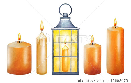 Hand drawn set with wax candles, lantern. Watercolor illustration. Hand drawn set with wax candles, lantern. Watercolor illustration. 133608473