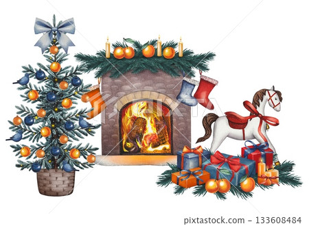 Hand drawn composition with Christmas tree, fireplace, vintage horse toy, gift boxes. Watercolor Christmas illustration. 133608484