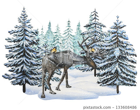Hand drawn winter scene featuring raindeer in a snowy forest with a spruce trees. Watercolor illustration. 133608486