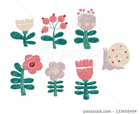 Crayon Flowers and snail. Folk Art. Whimsical Floral Elements set. Isolated Textured Hand Drawing doodles on white background. Primitive Modern stylized vector illustration. Not AI Crayon Flowers and snail. Folk Art. Whimsical Floral Elements set. Isolated Textured Hand Drawing doodles on white background. Primitive Modern stylized vector illustration. Not AI 133608494